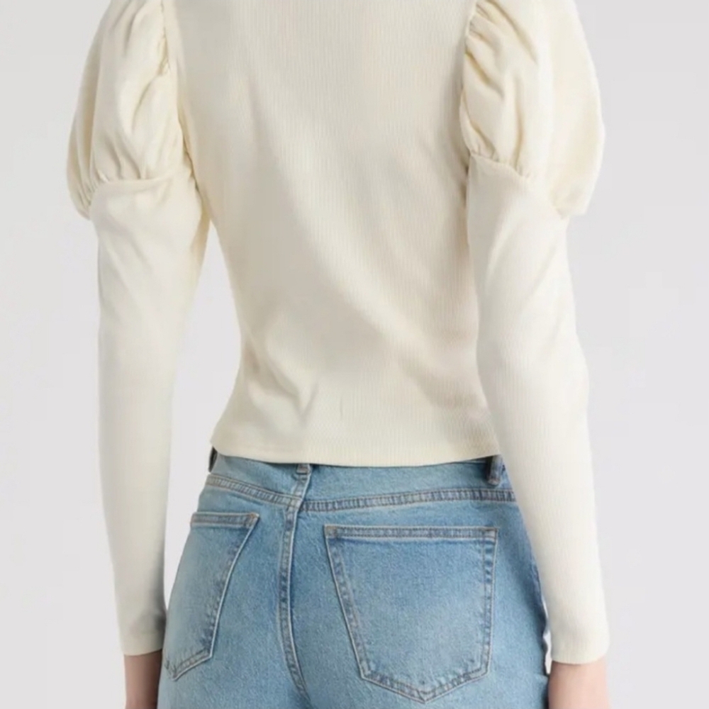 Area Stars Cream Ribbed Top With Puff Sleeves XL NWT - Picture 2 of 5